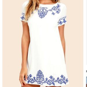 Lulu's Blue and Ivory Embroidered Shift Dress